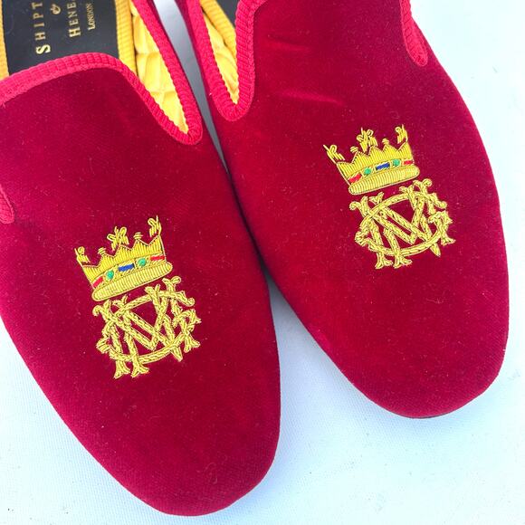 Shipton & Heneage Men’s Velvet Smoking Slippers Loafers Red Crown Quilt US 9 - Picture 4 of 8